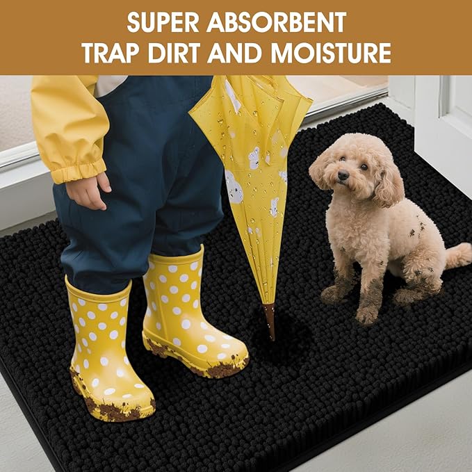 IM HOME 30" x 20" Black Dog Door Mats for Muddy Paws, Chenille Absorbent Dog Mat, Non Slip Heavy Mud Mat for Dogs, Soft Pet Bed Mat for Entryway, Mud Paws, Inside Floor