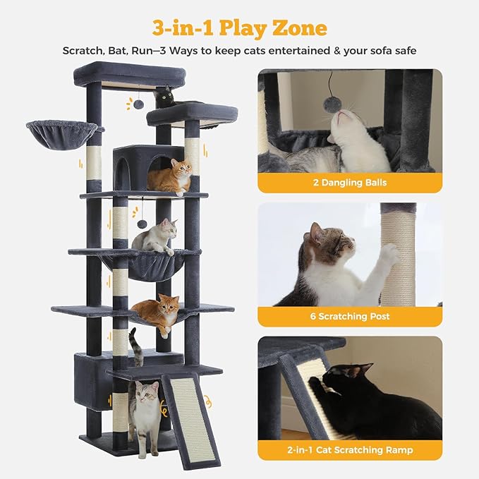 81" Heavy Duty Cat Tree for Large Cats up to 20lbs - Extra Tall Cat Tower with Metal Frame Hammock, 6 Sisal Scratching Posts, 2 Perches - Indoor Cat Furniture for Maine Coon, Dark Gray