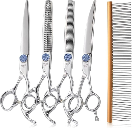 7.5'' Dog Grooming Scissors Set with Blue Diamond Adjustable Screws CNC 440C Stainless Steel Thinner Chunker Straight Curved Shears with Comb Sharp and Durable