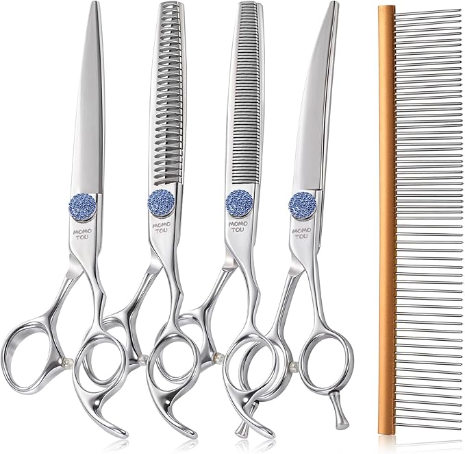 7'' Dog Grooming Scissors Set with Blue Diamond Adjustable Screws CNC 440C Stainless Steel Thinner Chunker Straight Curved Shears with Comb Sharp and Durable