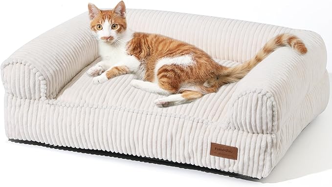 FUKUMARU Dog Couch Bed, Corduroy Cozy Cat Bed for Indoor Cats with Washable Cover, Supportive Waterproof Dog Beds Sofa for Small Dogs and Large Cats Cute, 28inch, Medium, Cream