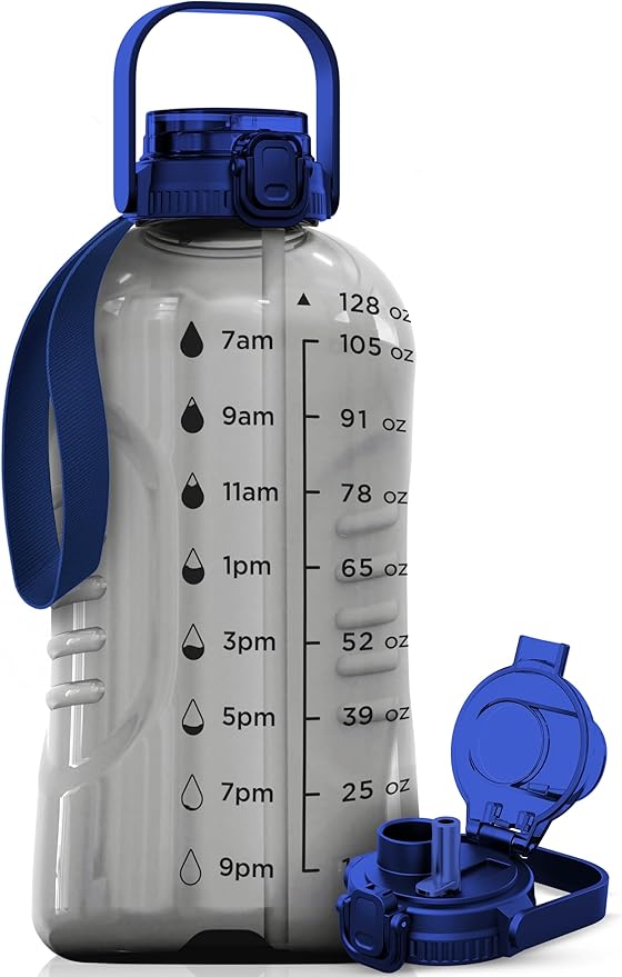 AQUAFIT 128 oz Water Bottle with Time Marker - 2in1 Straw & Chug Lid - BPA Free Big Jug with Straw - Gym Water Bottle with Strap (128 Ounces, Clarity)