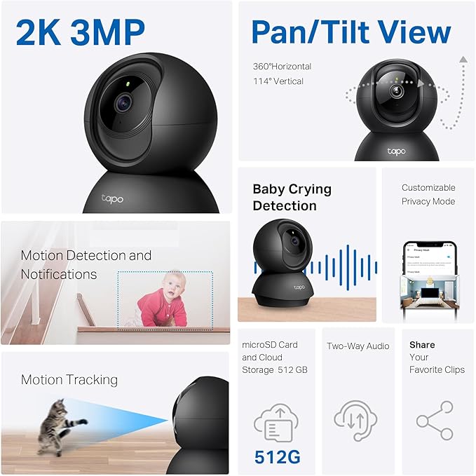 Tapo TP-Link 2K Pan/Tilt Indoor Security Camera for Baby Monitor, Pet Camera, Motion Detection & Tracking, 2-Way Audio, Cloud & SD Card Storage, Works w/Alexa & Google Home, Black, C211(2-Pack)