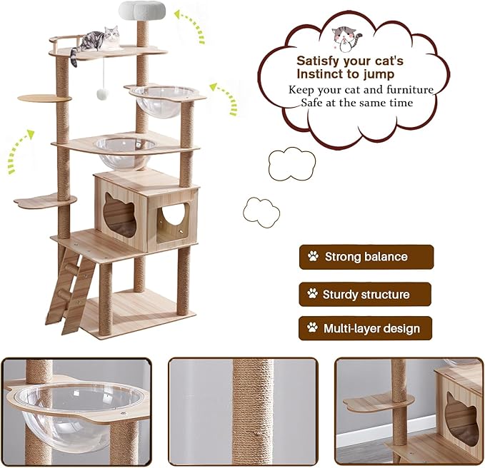 67-Inch Cat Tree for Indoor Cats Large Adult,Cat Tree Tower with Condo, Cat Stairs, 2 Bowl,14 Sisal Scratching Posts, Top Perch, with Padded Platform Bed,Toy Balls,Larg Large cat Tree.B12