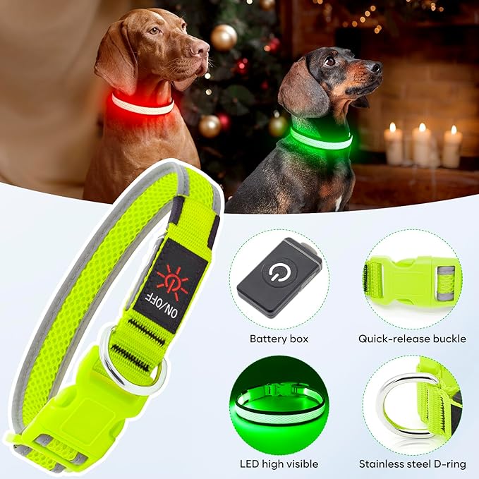 Flashseen LED Dog Collar, Light Up Dog Collar Lights USB Rechargeable, Adjustable Comfortable Soft Mesh Safety Collar for Small, Medium, Large Dogs(Large, Neon Green)