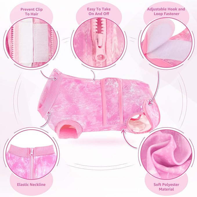 Lukovee Recovery Suit for Dogs, Zipper On Recovery Suit for Female Male Dog, Onesie Abdominal Wounds Cone E-Collar Alternative Prevent Licking Spay Recovery Suit (Small, Pink Tie-dye)