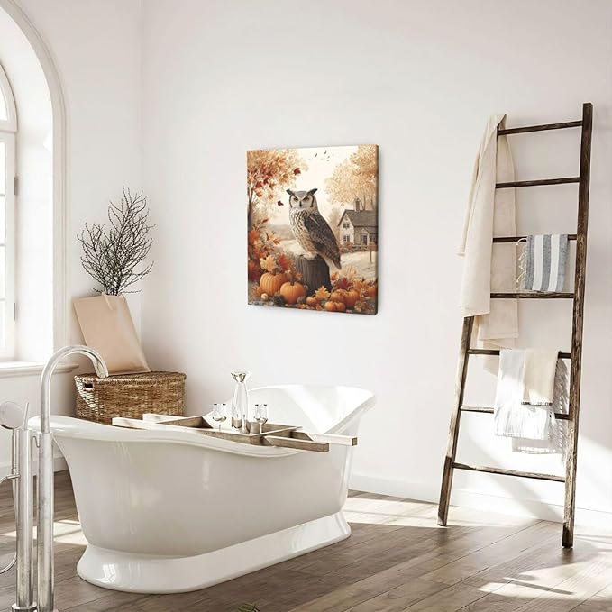 Fall Owl Wall Art Autumn Pumpkin Leaves Wall Decor Rustic Canvas Print Farmhouse Pictures Painting Print Framed Artwork Decorations Gifts for Living Room Bathroom Bedroom Office 20"x24"