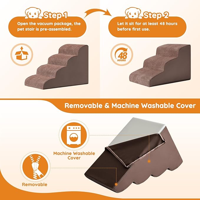 Dogs Steps for Bed, Dog Stairs for Small Dogs, 4-Step Dog Ramp for Bed, Couch, Sofa, and Chairs, Non-Slip Bottom Design, Cat Scratching, High Density Foam Portable Pet Step, Indoor, Coffee