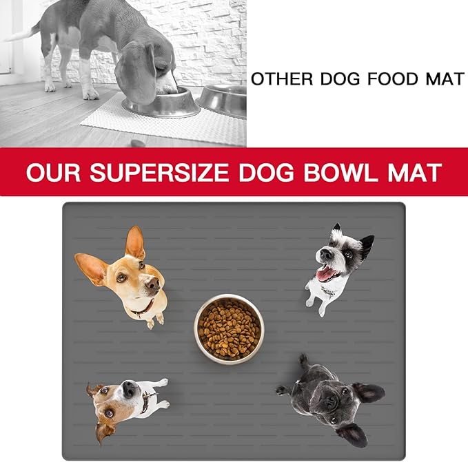 39.4"x29.5" Large Pet Food Mat, Silicone Dog Mats for Food and Water, Nonslip Pet Feeding Mats for Floors,Dog Cat Bowl Mat with Raised Edges, Light Gray