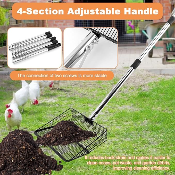 10inch Chicken Poop Scooper, Chicken Coop Scoop for Poop, 4 Sections Extended with 22 to 77inch Stainless Steel Adjustable Handle, Litter Scooper Sifting Shovel