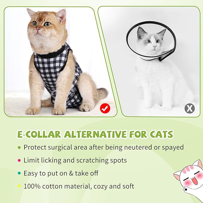 2 Packs Cat Surgery Recovery Suit Surgical Clothes Abdominal Wounds Anti-Licking Cat Bodysuit Onesie Substitute E-Collar& Cone