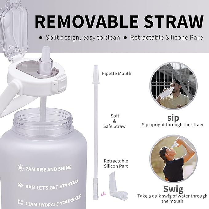 64oz,100oz,128oz Large Motivational Water Bottle with Time Marker, Leakproof & BPA Free Half Gallon Big Water Bottle with Straw Handle Tritan Frosted Water Jug for Gym,Fitness,Outdoor Sports