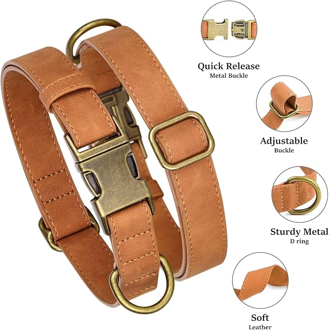 Didog Soft PU Leather Dog Collar, Stylish Quick Released Dog Collar for Large Dogs, Easy Clean Adjustable Pet Collar for Daily Walking, Light Brown, L Fit 15-23" Neck