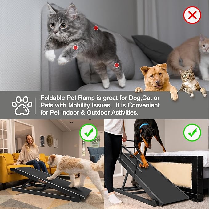 ABORON Dog Ramp,Adjustable Folding Pet Ramp for Bed,Couch,SUV - High Traction Portable Rubber Paw Ramps,Great for Small & Large Old Dogs & Cats, Supports up to 200 lbs,55''Long