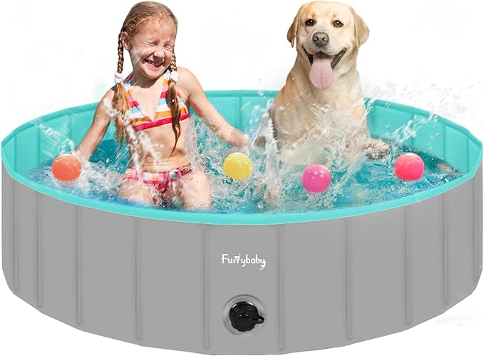 Furrybaby Dog Pool, Kiddie Pool Hard Plastic Foldable Dog Pools for Large Dogs Portable Pet Doggie Wading Swimming (Grey 47'') Indoor and Outdoor