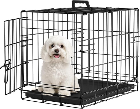 FDW Dog Crate for Small Dogs 18 Inch Folding Metal Wire Pet Cage Double Door W/Divider Panel Indoor Outdoor Kennel Leak-Proof Plastic Tray,Black