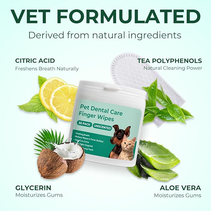 Dog Teeth Cleaning Wipes 50 Pack, Reduces Plaque and Freshens Breath, Dog Dental Wipes Dog Tooth Brushing Kit, No-Rinse Dog Toothbrush Finger Wipes Dental Care for Dogs Cats