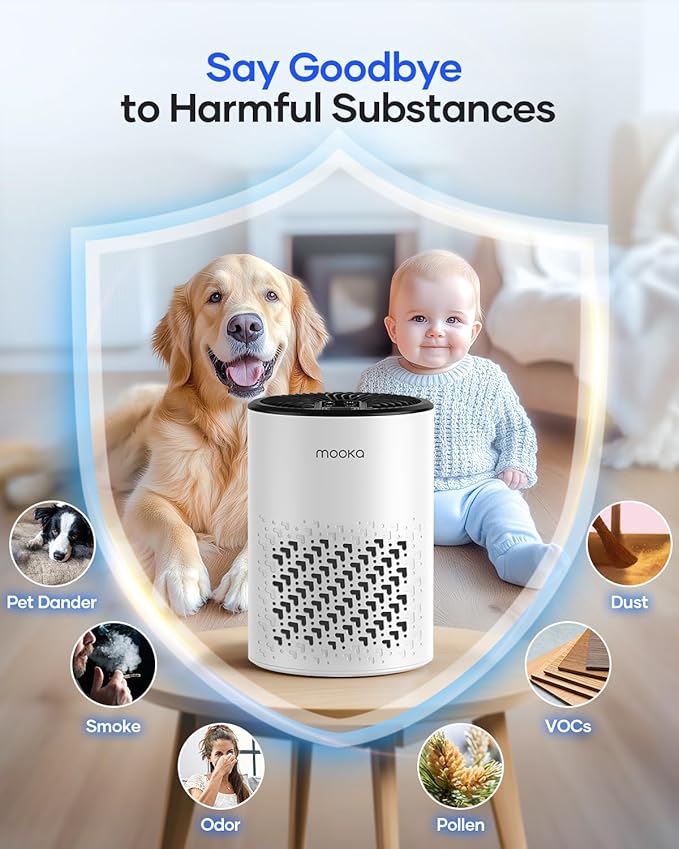 Air Purifiers for Bedroom Home, MOOKA HEPA Air Purifier for Home Pets with Fragrance Sponge for Smoke Dust Pollen Dander Odor, Small Air Cleaner with Sleep Mode Night Light Timer, KJ067L, White