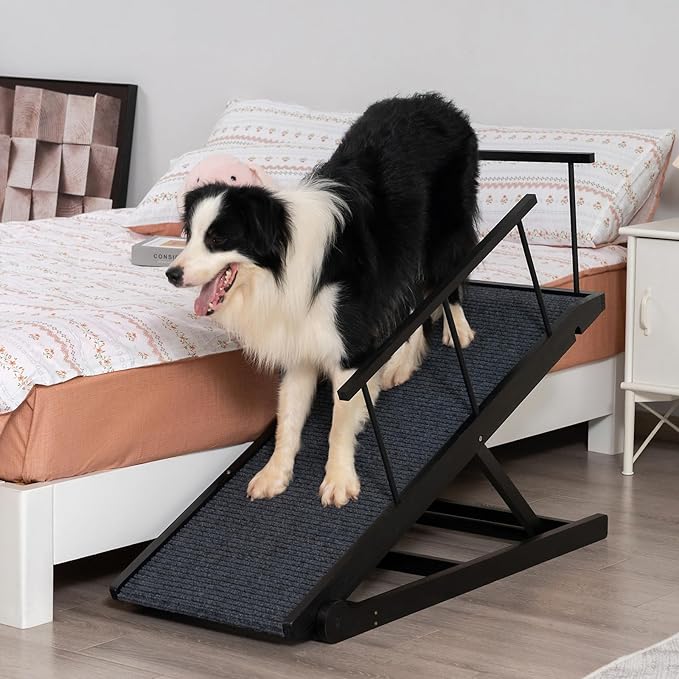 Dog Ramp for Bed Couch - Pet Steps Stairs to Get on Bed Couch 15.7"-23.6" High for Small or Large Dog Up to 200 lbs, Adjustable Wooden Dog Ramp Steps Foldable Portable, Anti-Slip Carpet (Black)