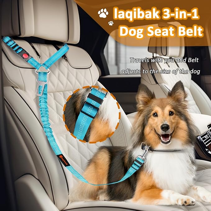 Removable Dog Seat Belt Harness for Car, 3 in 1 Pet Dog Car Seatbelt Leash, Retractable Restraint Secures to Vehicle Headrest & Adjustable Reflective Bungee Dog Seatbelt Tether, Blue and Black