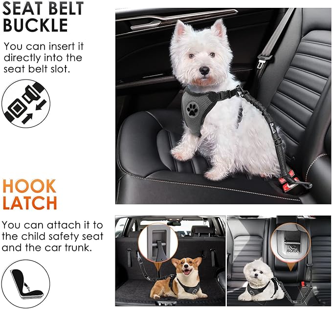SlowTon Dog Seat Belt, Adjustable Dog Safety Belt Leash, 2 in 1 Latch Bar Attachment Dog Car Seatbelt with Elastic Nylon Bungee Buffer, Reflective Nylon Belt Tether Connect to Dog Harness (Black)