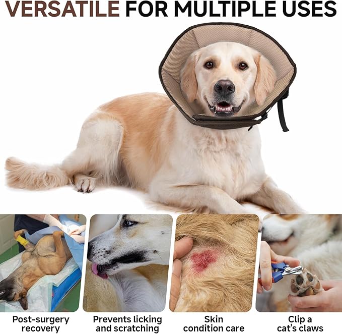 Dog Cone Collar L, Soft Cones for Large Medium Small Dogs,Adjustable Dog Cone Alternative to Stop Licking, Comfy Elizabethan Collar for After Surgery Wound Healing & Hot Spots Brown