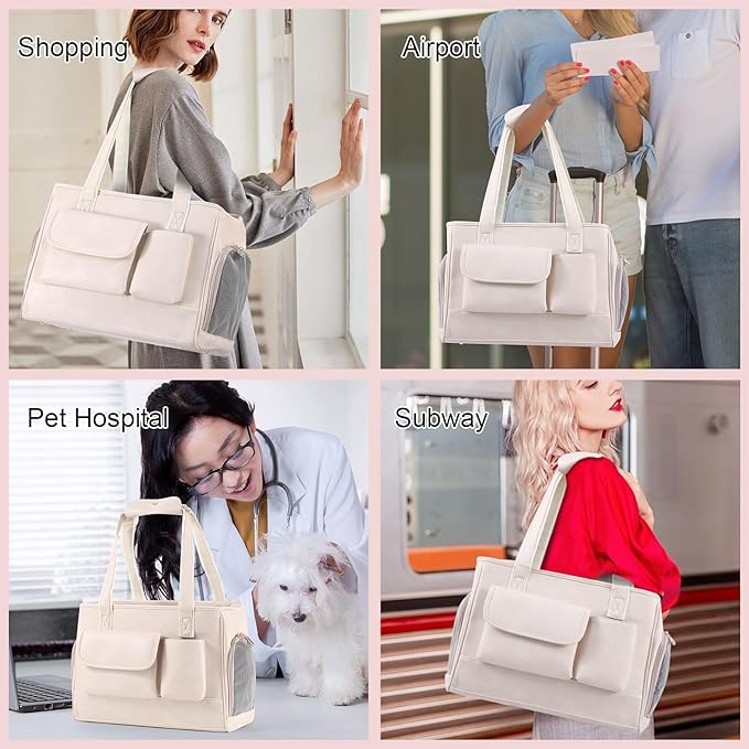 Dog Carrier Purse, Fashion Leather Pet Carrier Bag, Airline Approved Soft Sided Cat Travel Tote Bag with Pockets White