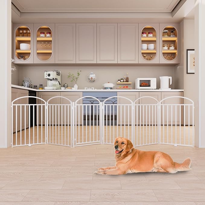 6 Panles Full Matel Freestanding Dog Gates with Door, 144"Extra Wide 32"Tall Free Standing Dog Pet Gate for Indoor & Outdoor. Foldable Pet Fences for Doorways, House, Stairs, Porch, Deck, Yard