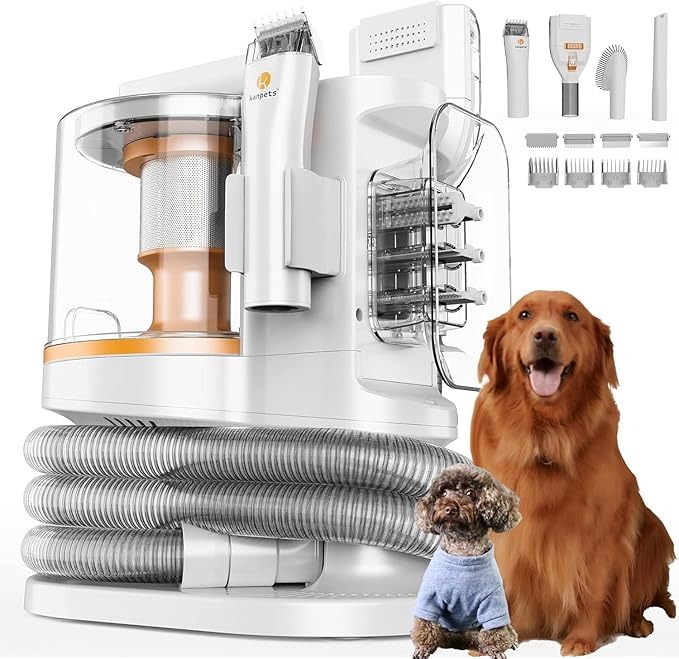Pet Grooming Kit with 3.4L Oversized Vacuum Suction - 99% Pet Hair Removal - Professional Dog Clippers & Shedding Tools for Cats, Teddy, Poodle, Golden Retrievers (Metallic Orange & White)