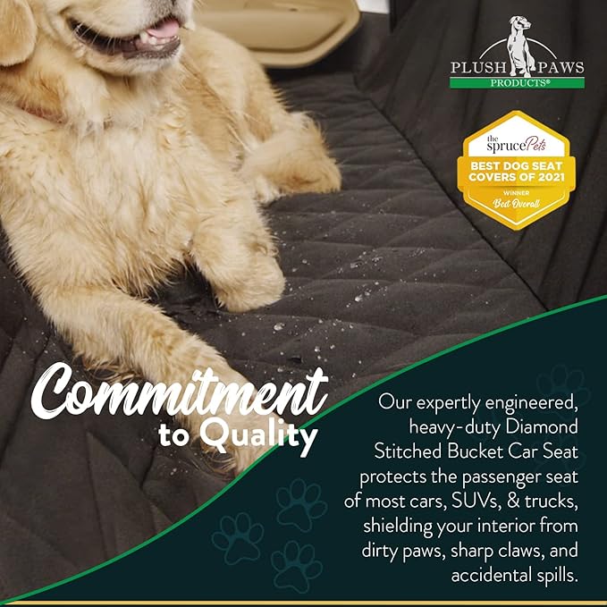 Plush Paws Products Premium Bucket Car Seat Protector | Diamond Stitching | Washable & Waterproof Front Seat Dog Cover Car, Truck, & SUV | Nonslip, Tear Resistant Pet Passenger Seat Cover | Grey