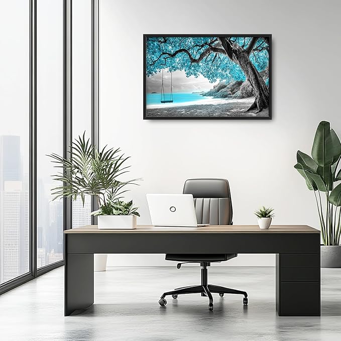 Extra Large Framed Abstract Tree Wall Art,Black and White Tree of Life Wall Decor,Blue Teal Sea Pictures for Living Room,Canvas Print Painting Modern Artwork Bedroom Office Bathroom 36L x 24W