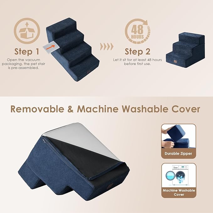 EHEYCIGA Dog Stairs for Small Dogs 13.5" H, 3-Step Dog Steps for Couch Sofa and Chair, Pet Steps for Medium Cats, Non-Slip Balanced Pet Ramp Indoor, Navy Blue