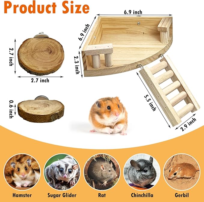 kathson 4pcs Hamster Platform with Ladder Natural Wooden Chinchilla Climbing Toy Rat Cage Ledge Sugar Glider Cage Accessories for Small Animals