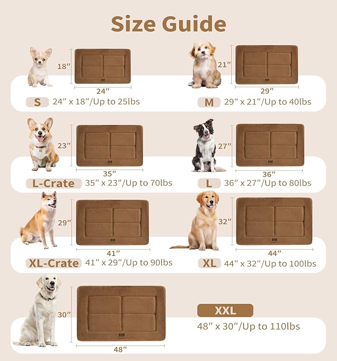Made4Pets Dog Crate Pad Bed for Medium Dogs, Washable & Reversible, Anti-Slip Kennel Mat for Cozy Sleeping, Soft Fluffy Dog Bed for Indoor & Outdoor Use, 29"x21", Brown