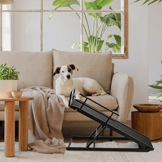 Dog Ramp, 5 Level Adjustable Height Folding Pet Ramp for High Bed, Portable Paw Ramps Large Bed Ramp for Medium & Large Old Dogs & Cats - Natural Wood Furniture Quality