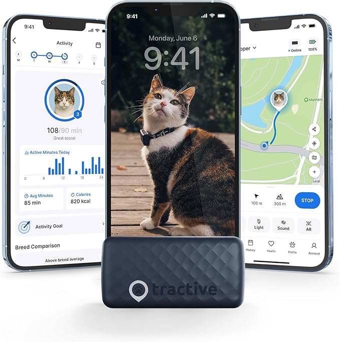 Tractive Smart Cat GPS Tracker | Real-Time Location & Wellness Monitoring for Cats 6.5 lbs+ | Territory & Location History | Up to 5-Day Battery | Breakaway Collar Included (Dark Blue)