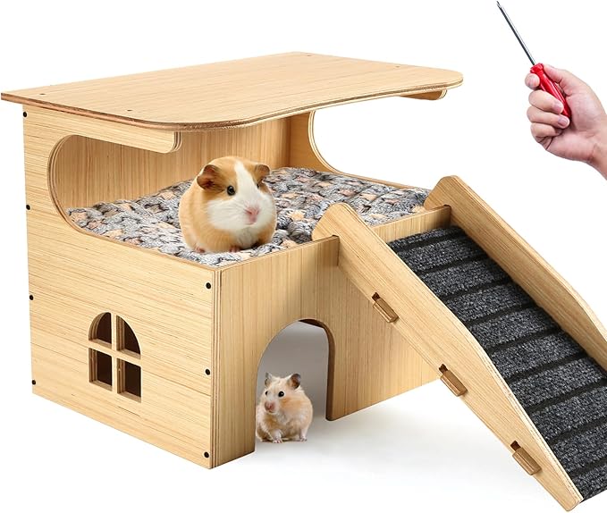 Wooden Guinea Pig Castle Hideout,Enlarged Guinea Pig Castle,Wooden Hamster House with Stairs & Mat,Long-Lasting Small Pet Bed for Piggies Chinchilla Rat Hamster Bunny