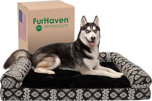 Furhaven Orthopedic Dog Bed for Large Dogs w/ Removable Bolsters & Washable Cover, For Dogs Up to 95 lbs - Plush & Southwest Kilim Woven Decor Sofa - Black Medallion, Jumbo/XL