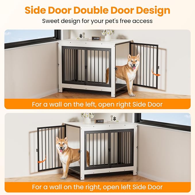 Dog Crate Furniture, Dog Crate End Table for Medium and Large Dogs,Wooden Cage Kennel Furniture Indoor, Modern Dog Crate with Multi-Purpose Removable Tray, Double-Doors Dog Furniture, White