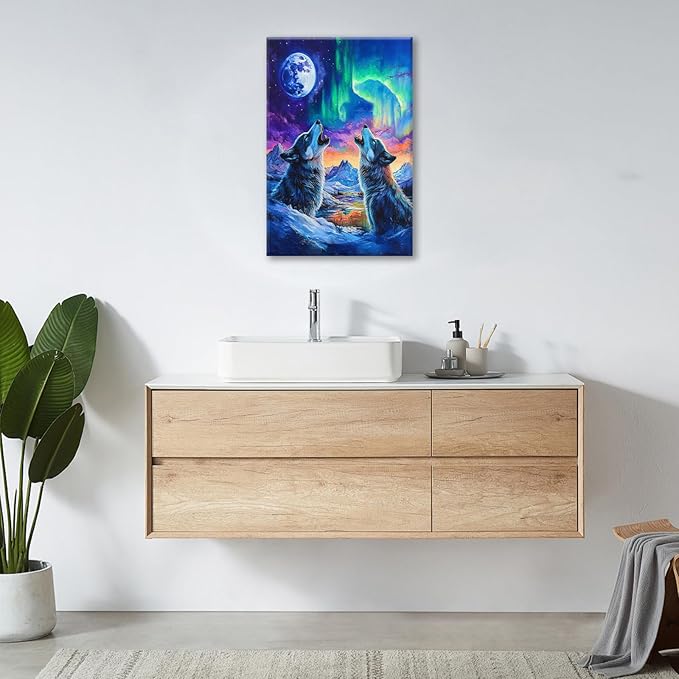 Wolf Wall Art Wolves Canvas Wall Decor Prints Framed Painting Aurora Pictures Gifts Artwork for Bathroom Bedroom Living Dining 16"x24"