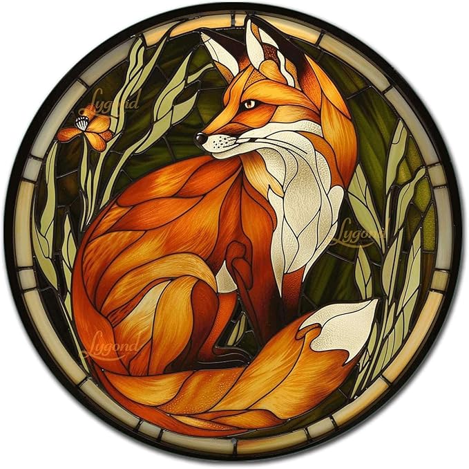 Lygond Metal Sign Tin Sign Circular Stained Glass Red Fox Wall Art for Bar 8×8 Inches