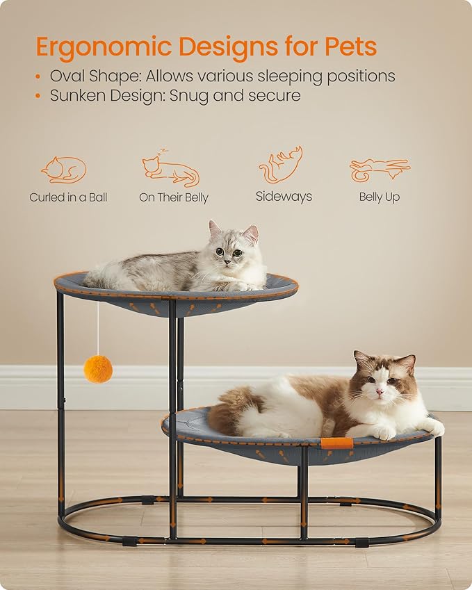 Feandrea 2-Tier Elevated Cat Hammock Bed, Breathable Furniture for Multi-Cat Households Indoor and Outdoor, with Removable Washable Mesh, Steel Frame, for Summer, Dove Gray UPCB012G01