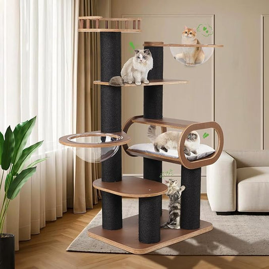 63'' Modern Cat Tree, Black Cat Tower with Scratching Post, Wooden Cat Tree for Indoor Cats Large Adult, Luxury Cat Furniture, Heavy Duty Activity Center with Transparent Bowl and Semi-Closed Condo