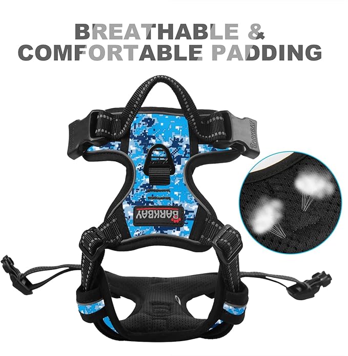 BARKBAY No Pull Dog Harness Front Clip Heavy Duty Reflective Easy Control Handle for Large Dog Walking(Blue camo,L)