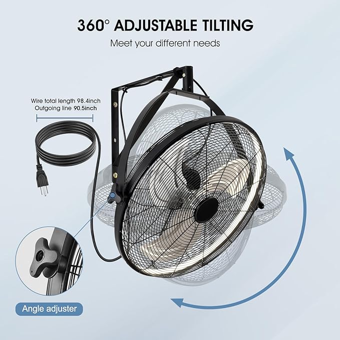 16 inch Wall Mount Fan with Lights and Remote,6-Speed Gazebo Ceiling Fan Adjustable Tilt Dimmable Wall Fan,High Velocity Industrial Outdoor Fans for Patio,Garage,Commercial,Black