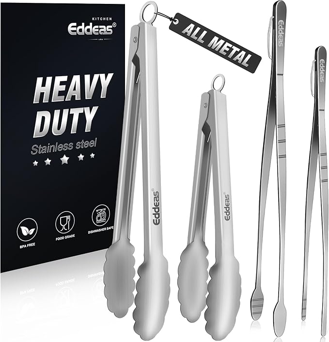 Tongs For Cooking - Heat Resistant 600 Degrees, All Metal Kitchen Tweezers Tongs, Heavy Duty Stainless Steel Cooking for Food, Grill, BBQ, Dishwasher safe Set of 4 (12" & 9in)