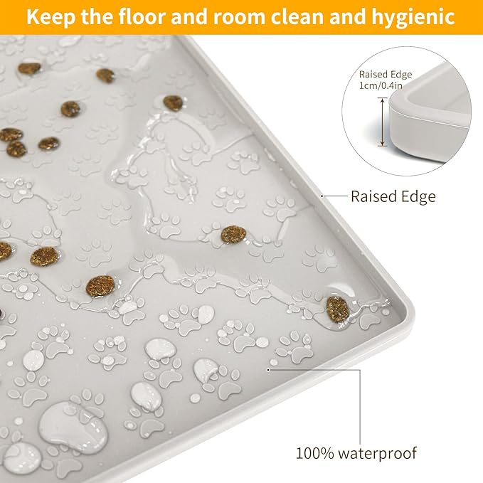 Ptlom Dog Food Mat Anti-Slip Pet Bowl Mats for Food and Water, High-Lips Pet Placemat Prevent Messy Spills to Floor, Waterproof Puppy Feeding Tray for Small, Medium Large Dogs Cats, Silicone