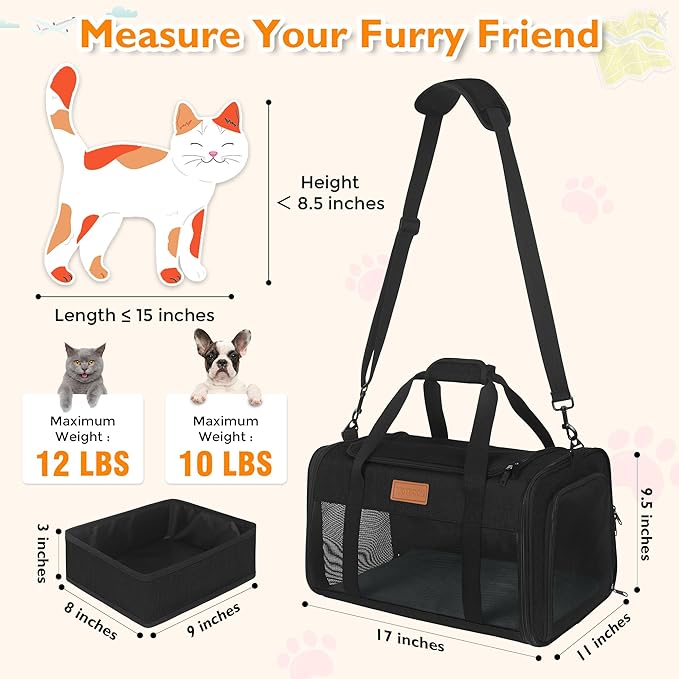 PETUX TSA Approved Pet Carrier in Cabin, 17"x11"x9.5" Soft Cat Carriers for Small Cats up to 12 lb, Top-Open Portable Dog Carrier with Litter Box and Anti-Scratch Mesh for Puppy up to 10 lb (Black)
