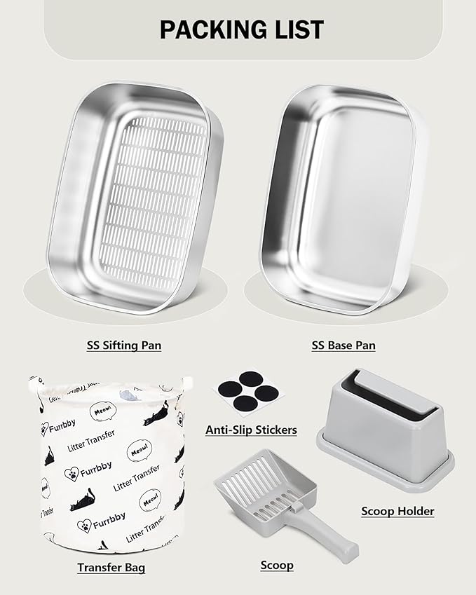 Stainless Steel Sifting Litter Box with Lid, Metal Litter Pan with Scoop for Big Cats Multi Cat, Extra Large Cats Litterbox Odor Control Easy Clean