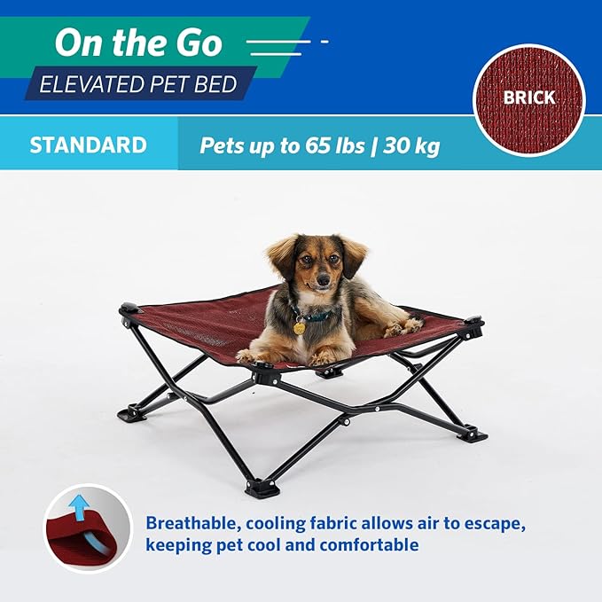 Coolaroo On-The-Go Elevated Dog Bed - Foldable Pop-Up Travel Dog Bed with Breathable, Moisture-Resistant Fabric, Carry Bag Included, Lightweight & Portable, Brick, Standard